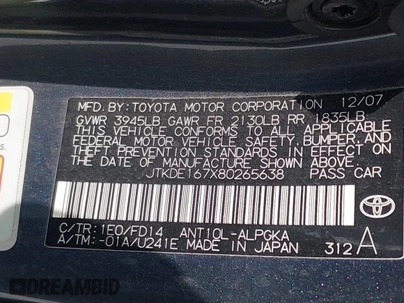 2008 Scion tC Spec z VIN JTKDE167X80265638, wystawiony jako IAAI lot #42355042 z przebiegiem 294 435 mil mil oraz . Historia ofert i sprzedaży dostępna na DreamBid. Obrazek 9.