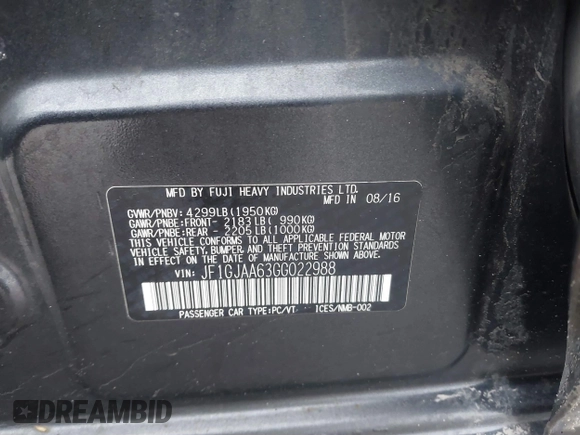 2016 Subaru Impreza z VIN JF1GJAA63GG022988, wystawiony jako IAAI lot #41555144 z przebiegiem 187 995 mil mil oraz . Historia ofert i sprzedaży dostępna na DreamBid. Obrazek 9.