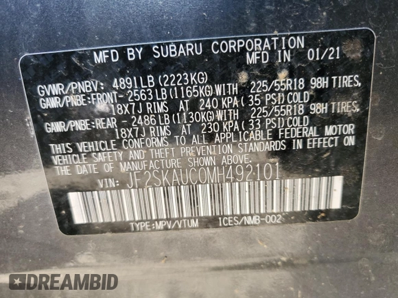 2021 Subaru Forester Limited with VIN JF2SKAUC0MH492101, listed as a Copart auction lot 68653554 with 0 mi miles and Salvage Title. Bid and sale history available at carsss.com. Image 13.