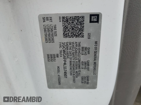 2020 Chevrolet Express Cargo with VIN 1GCWGAFP4L1174507, listed as a Copart auction lot 44225975 with 130,444 mi miles and Salvage Title. Bid and sale history available at DreamBid. Image 13.