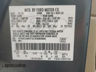 2012 Ford Escape Limited с VIN 1FMCU9E7XCKB89806, выставлен на аукционе Copart как лот 55402205 с пробегом 133 233 миль миль и Чистый • Clean title. История ставок и продаж доступна на DreamBid. Изображение 13.