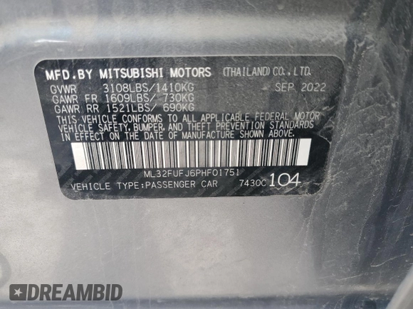 2023 Mitsubishi Mirage ES with VIN ML32FUFJ6PHF01751, listed as a Copart auction lot 53667854 with 32,685 mi miles and Salvage title. Bid and sale history available at DreamBid. Image 13.