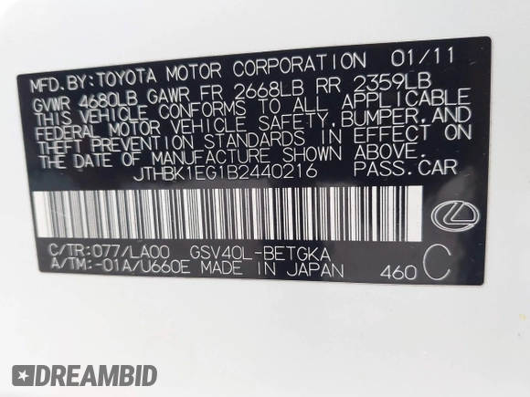 2011 Lexus ES 330 z VIN JTHBK1EG1B2440216, wystawiony jako IAAI lot #42685415 z przebiegiem 133 902 mil mil oraz . Historia ofert i sprzedaży dostępna na DreamBid. Obrazek 9.