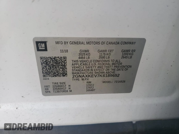 2019 Chevrolet Equinox LT z VIN 2GNAXKEV7K6189652, wystawiony jako Copart lot #56793955 z przebiegiem 162 293 mil mil oraz Szkoda całkowita • Salvage title. Historia ofert i sprzedaży dostępna na DreamBid. Obrazek 13.