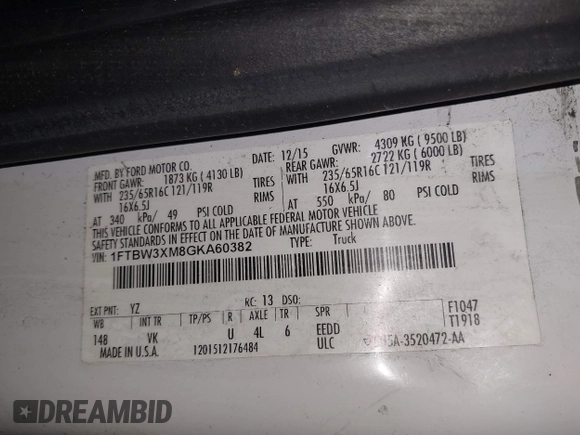 2016 Ford Transit Cargo with VIN 1FTBW3XM8GKA60382, listed as a IAAI auction lot 41847923 with 168,293 mi miles and . Bid and sale history available at DreamBid. Image 9.