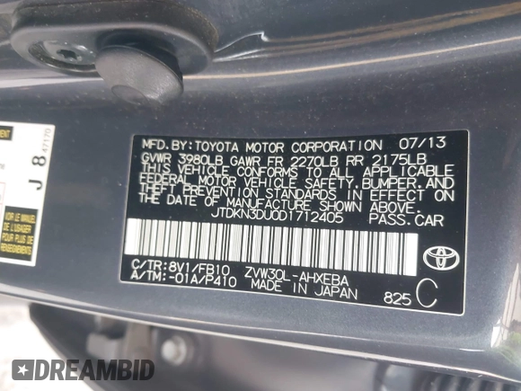 2013 Toyota Prius One with VIN JTDKN3DU0D1712405, listed as a IAAI auction lot 42126912 with 79,421 mi miles and . Bid and sale history available at DreamBid. Image 9.