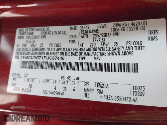 2015 Ford Escape SE with VIN 1FMCU0G71FUC87446, listed as a IAAI auction lot 41814589 with 137,051 mi miles. Bid and sale history available at carsss.com. Image 9.