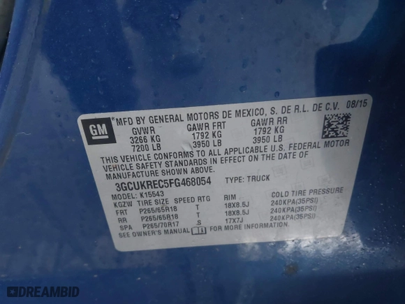 2015 Chevrolet Silverado 1500 LT with VIN 3GCUKREC5FG468054, listed as a IAAI auction lot 41459655 with 157,236 mi miles. Bid and sale history available at carsss.com. Image 9.