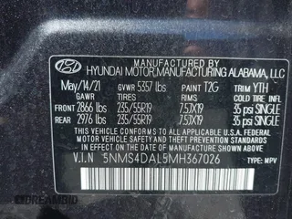 2021 Hyundai Santa Fe Limited with VIN 5NMS4DAL5MH367026, listed as a IAAI auction lot 41565093 with 120,246 mi miles. Bid and sale history available at carsss.com. Image 9.