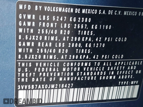 2018 Volkswagen Tiguan SEL Premium with VIN 3VV5B7AX0JM218427, listed as a IAAI auction lot 41188087 with 46,877 mi miles and . Bid and sale history available at DreamBid. Image 9.