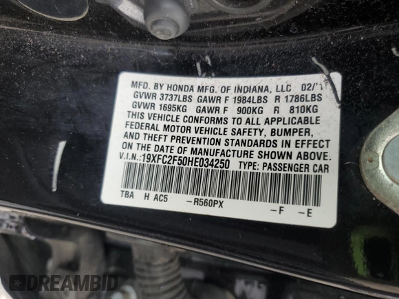2017 Honda Civic Sedan LX with VIN 19XFC2F50HE034250, listed as a Copart auction lot 50936425 with 190,830 mi miles and Salvage Title. Bid and sale history available at carsss.com. Image 12.