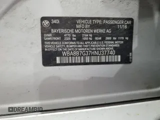 2017 BMW 3 Series 340i xDrive with VIN WBA8B7G37HNU37740, listed as a Copart auction lot 58525925 with Not provided miles and Salvage title. Bid and sale history available at DreamBid. Image 13.
