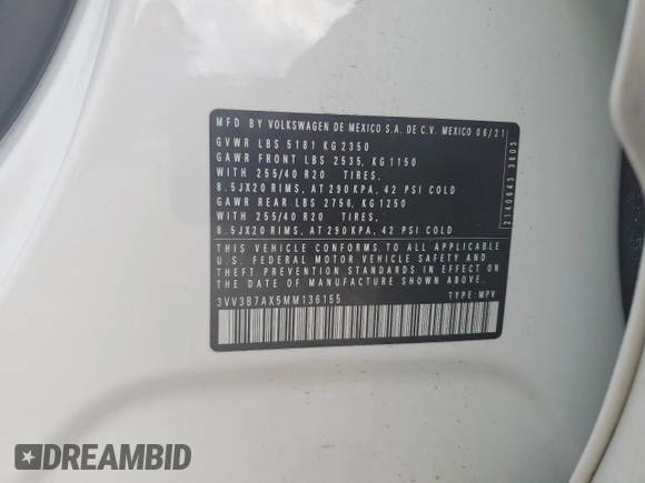 2021 Volkswagen Tiguan SE z VIN 3VV3B7AX5MM136155, wystawiony jako Copart lot #56120395 z przebiegiem 59 421 mil mil oraz Szkoda całkowita • Salvage title. Historia ofert i sprzedaży dostępna na DreamBid. Obrazek 13.