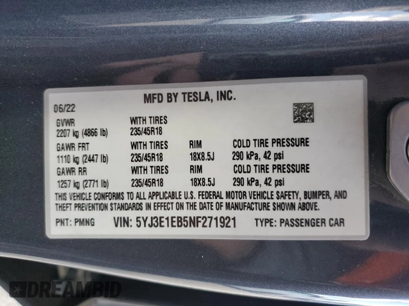 2022 Tesla Model 3 Long Range with VIN 5YJ3E1EB5NF271921, listed as a Copart auction lot 51012635 with 47,761 mi miles and Salvage Title. Bid and sale history available at carsss.com. Image 13.