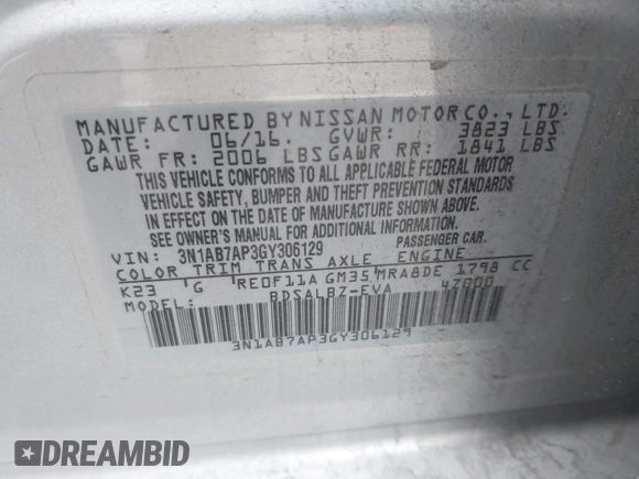 2016 Nissan Sentra S with VIN 3N1AB7AP3GY306129, listed as a IAAI auction lot 41740492 with 139,834 mi miles and . Bid and sale history available at DreamBid. Image 9.