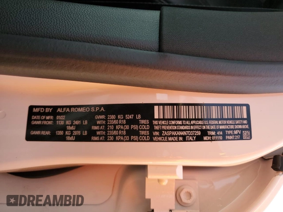 2022 Alfa Romeo Stelvio Sprint z VIN ZASPAKAN4N7D37259, wystawiony jako Copart lot #75433364 z przebiegiem 36 461 mil mil oraz Szkoda całkowita • Salvage title. Historia ofert i sprzedaży dostępna na DreamBid. Obrazek 15.
