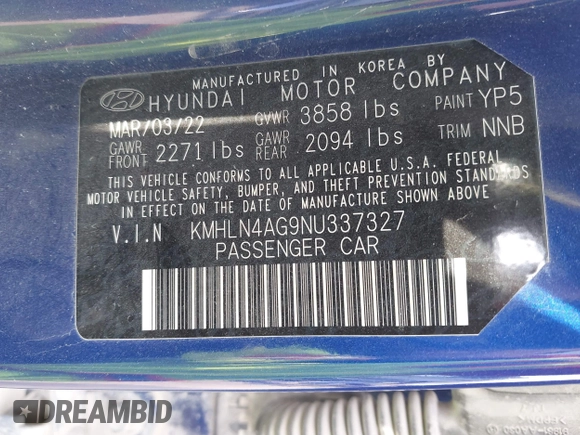 2022 Hyundai Elantra SEL z VIN KMHLN4AG9NU337327, wystawiony jako IAAI lot #41988122 z przebiegiem 63 137 mil mil oraz . Historia ofert i sprzedaży dostępna na DreamBid. Obrazek 9.