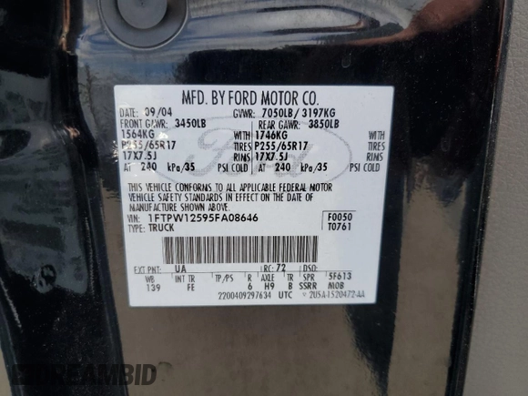 2005 Ford F-150 XLT with VIN 1FTPW12595FA08646, listed as a Copart auction lot 50654765 with 183,279 mi miles and Salvage Title. Bid and sale history available at carsss.com. Image 12.