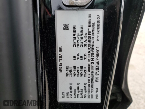 2023 Tesla Model 3 z VIN 5YJ3E1EA7PF668511, wystawiony jako Copart lot #51055725 z przebiegiem 53 594 mil mil oraz Szkoda całkowita • Salvage title. Historia ofert i sprzedaży dostępna na DreamBid. Obrazek 12.