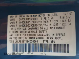2008 Honda CR-V EX-L with VIN JHLRE487X8C036664, listed as a IAAI auction lot 41949100 with 175,620 mi miles. Bid and sale history available at carsss.com. Image 9.