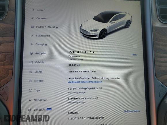 2019 Tesla Model S 100D with VIN 5YJSA1E41KF330631, listed as a Copart auction lot 55360295 with 52,245 mi miles and Salvage title. Bid and sale history available at DreamBid. Image 9.