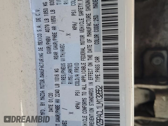 2020 Mazda 3 Select with VIN 3MZBPACL1LM132652, listed as a Copart auction lot 52440855 with 111,062 mi miles and Salvage title. Bid and sale history available at DreamBid. Image 12.