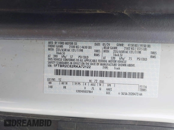 2024 Ford Transit Cargo with VIN 1FTBR2C82RKA72122, listed as a IAAI auction lot 42432209 with 26,806 mi miles and . Bid and sale history available at DreamBid. Image 9.