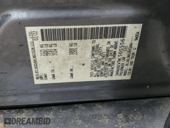 2022 Nissan Maxima SV with VIN 1N4AA6CV7NC505556, listed as a Copart auction lot 56204185 with 52,160 mi miles and Salvage title. Bid and sale history available at DreamBid. Image 12.