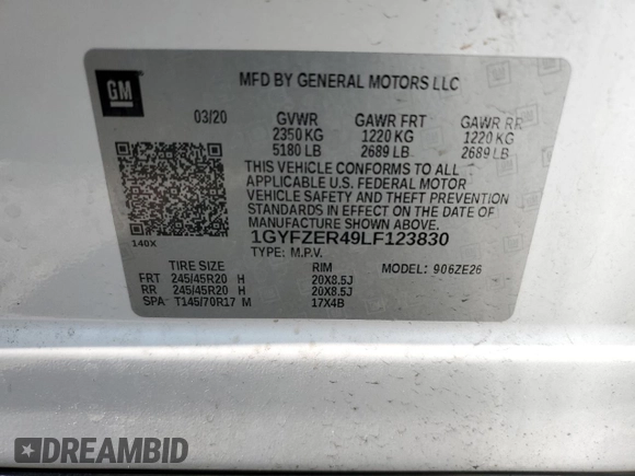 2020 Cadillac XT4 FWD Sport with VIN 1GYFZER49LF123830, listed as a Copart auction lot 55737985 with 98,871 mi miles and Salvage title. Bid and sale history available at DreamBid. Image 13.