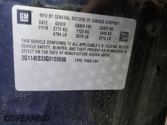 2016 Chevrolet Impala LTZ with VIN 2G1145S33G9159598, listed as a Copart auction lot 60217765 with 157,452 mi miles and Salvage title. Bid and sale history available at DreamBid. Image 12.
