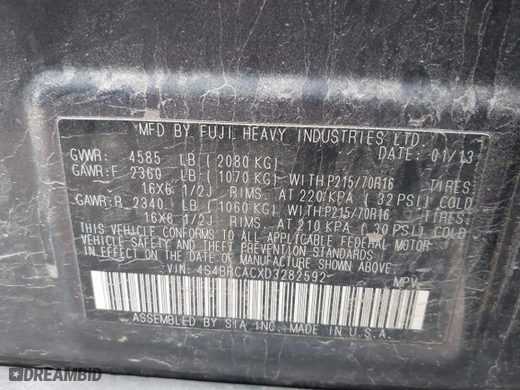 2013 Subaru Outback 2.5i with VIN 4S4BRCACXD3282592, listed as a IAAI auction lot 41994472 with 131,959 mi miles. Bid and sale history available at carsss.com. Image 9.