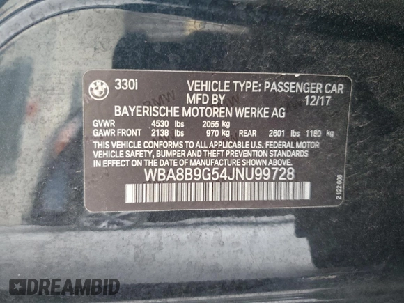 2018 BMW 3 Series 330i with VIN WBA8B9G54JNU99728, listed as a Copart auction lot 51407975 with 68,265 mi miles and Salvage Title. Bid and sale history available at carsss.com. Image 13.