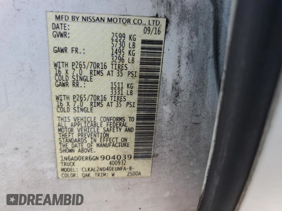 2016 Nissan Frontier SV с VIN 1N6AD0ER6GN904039, выставлен на аукционе Copart как лот 56776395 с пробегом 126 300 миль миль и Списание • Salvage title. История ставок и продаж доступна на DreamBid. Изображение 13.