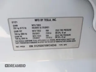 2021 Tesla Model Y Performance z VIN 5YJYGDEFXMF240246, wystawiony jako IAAI lot #42042951 z przebiegiem 76 139 mil mil oraz . Historia ofert i sprzedaży dostępna na DreamBid. Obrazek 9.