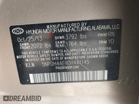 2013 Hyundai Elantra GLS with VIN 5NPDH4AE9DH441145, listed as a IAAI auction lot 42348156 with 111,049 mi miles and . Bid and sale history available at DreamBid. Image 9.