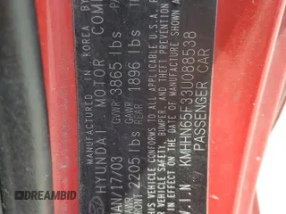 2003 Hyundai Tiburon GT z VIN KMHHN65F33U088538, wystawiony jako Copart lot #54320955 z przebiegiem 220 732 mil mil oraz Szkoda całkowita • Salvage title. Historia ofert i sprzedaży dostępna na DreamBid. Obrazek 12.