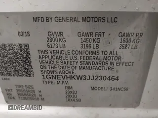 2018 Chevrolet Traverse LT Leather with VIN 1GNEVHKW3JJ230464, listed as a IAAI auction lot 41184358 with 132,189 mi miles. Bid and sale history available at carsss.com. Image 9.