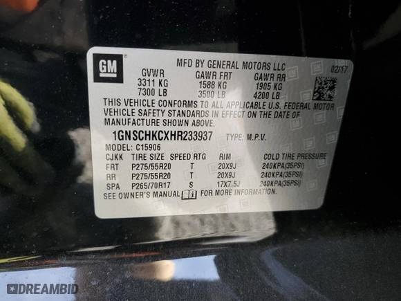 2017 Chevrolet Suburban LT with VIN 1GNSCHKCXHR233937, listed as a Copart auction lot 86526814 with 163,210 mi miles and Salvage Title. Bid and sale history available at carsss.com. Image 15.
