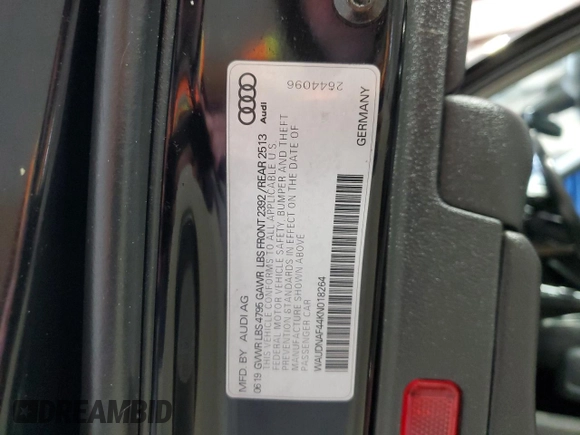 2019 Audi A4 Premium z VIN WAUDNAF44KN018264, wystawiony jako Copart lot #49462545 z przebiegiem 78 627 mil mil oraz Czysty tytuł • Clean title. Historia ofert i sprzedaży dostępna na DreamBid. Obrazek 12.
