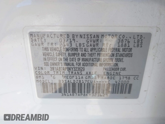 2019 Nissan Sentra S with VIN 3N1AB7AP8KY323629, listed as a IAAI auction lot 42207129 with 77,265 mi miles and . Bid and sale history available at DreamBid. Image 9.