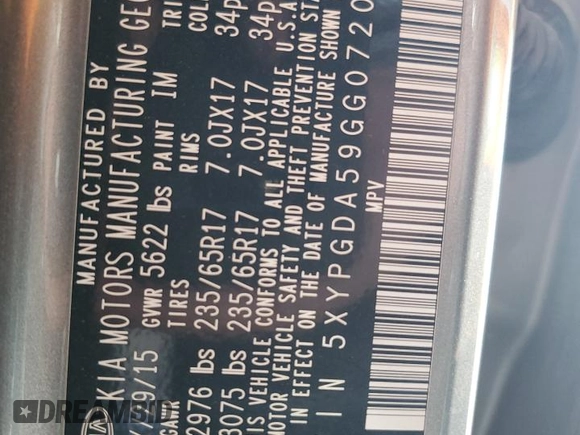 2016 Kia Sorento LX z VIN 5XYPGDA59GG072038, wystawiony jako Copart lot #50221465 z przebiegiem Nie podano mil oraz Szkoda całkowita • Salvage title. Historia ofert i sprzedaży dostępna na DreamBid. Obrazek 14.