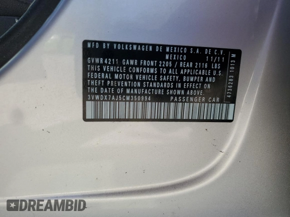2012 Volkswagen Jetta SE with VIN 3VWDX7AJ5CM350994, listed as a Copart auction lot 48696755 with 116,674 mi miles and Salvage title. Bid and sale history available at DreamBid. Image 15.