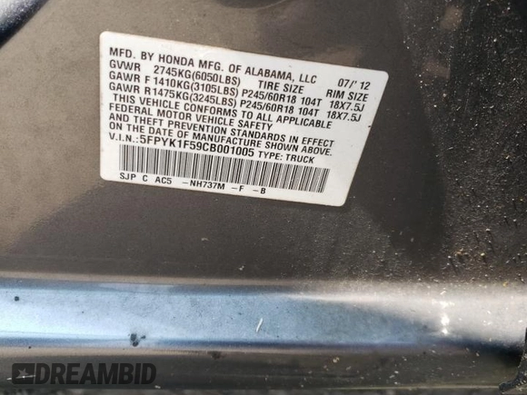 2012 Honda Ridgeline RTL z VIN 5FPYK1F59CB001005, wystawiony jako Copart lot #59713305 z przebiegiem 204 963 mil mil oraz Szkoda całkowita • Salvage title. Historia ofert i sprzedaży dostępna na DreamBid. Obrazek 12.