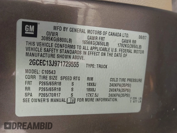 2007 Chevrolet Silverado 1500 Work Truck with VIN 2GCEC13J971729555, listed as a IAAI auction lot 41823438 with 280,901 mi miles and . Bid and sale history available at DreamBid. Image 9.