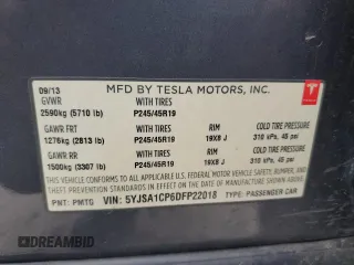 2013 Tesla Model S Performance с VIN 5YJSA1CP6DFP22018, выставлен на аукционе Copart как лот 55681235 с пробегом 86 813 миль миль и Списание • Salvage title. История ставок и продаж доступна на DreamBid. Изображение 13.