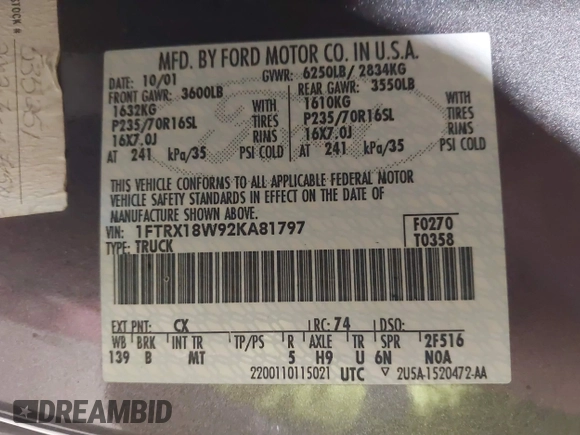 2002 Ford F-150 XL with VIN 1FTRX18W92KA81797, listed as a IAAI auction lot 42250147 with 162,918 mi miles and . Bid and sale history available at DreamBid. Image 9.