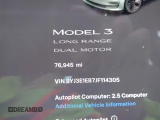 2018 Tesla Model 3 Long Range Battery with VIN 5YJ3E1EB7JF114305, listed as a IAAI auction lot 41765994 with 76,945 mi miles and . Bid and sale history available at DreamBid. Image 16.