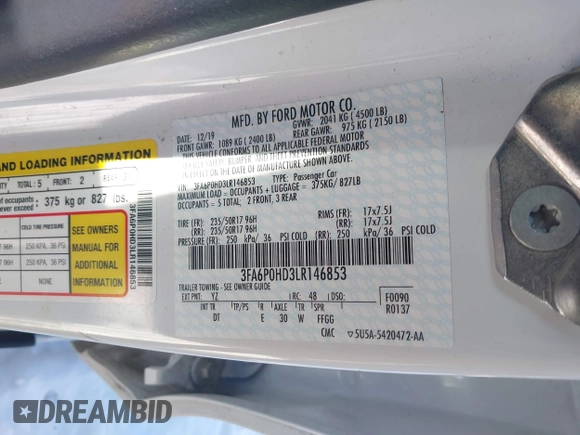 2020 Ford Fusion SE with VIN 3FA6P0HD3LR146853, listed as a IAAI auction lot 41618626 with 54,265 mi miles and . Bid and sale history available at DreamBid. Image 9.