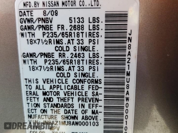 2010 Nissan Murano S z VIN JN8AZ1MU8AW000103, wystawiony jako Copart lot #56358625 z przebiegiem 150 601 mil mil oraz Szkoda całkowita • Salvage title. Historia ofert i sprzedaży dostępna na DreamBid. Obrazek 14.