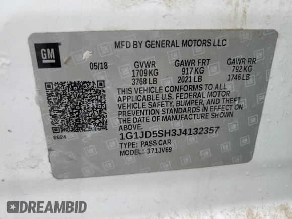 2018 Chevrolet Sonic LT with VIN 1G1JD5SH3J4132357, listed as a Copart auction lot 59164785 with 207,625 mi miles and Salvage title. Bid and sale history available at DreamBid. Image 12.